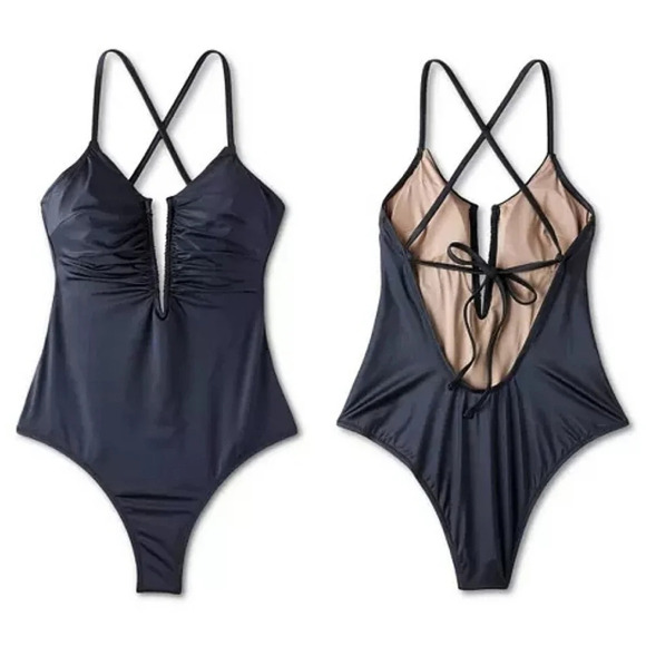 Shade & Shore Shirred V-Wire Plunge One Piece Swimsuit Shine Dark Gray‎ Size M - Picture 4 of 12